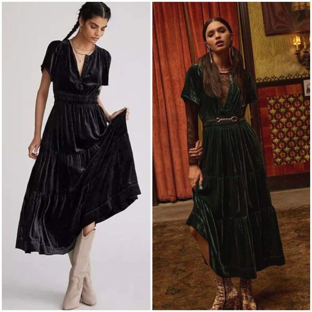 Anthropologie Somerset Velvet Maxi Dress Long Tiered Gunmetal size XL Boho Goth